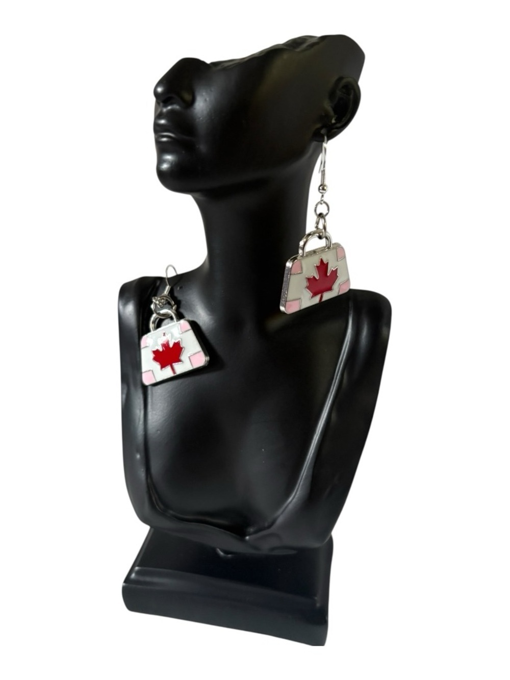 Canada Maple Leaf, Red, white and  Pink Purse Dangle Earrings. 1 pair.